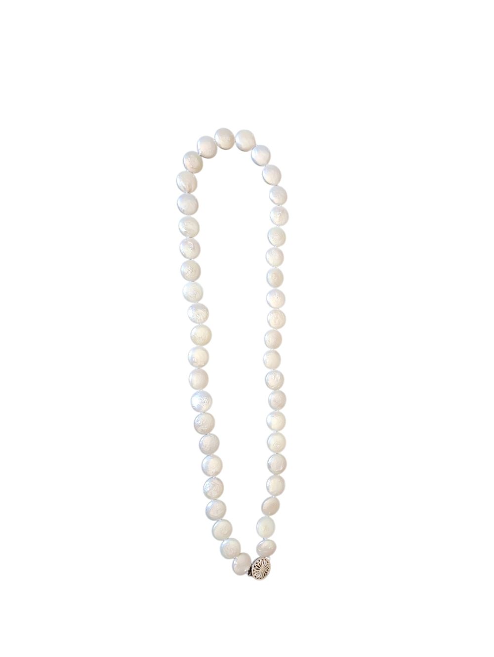 VTG Coin White Iridescent Pearl 22" Necklace W/ Silver 925 Round Fillagree Clasp